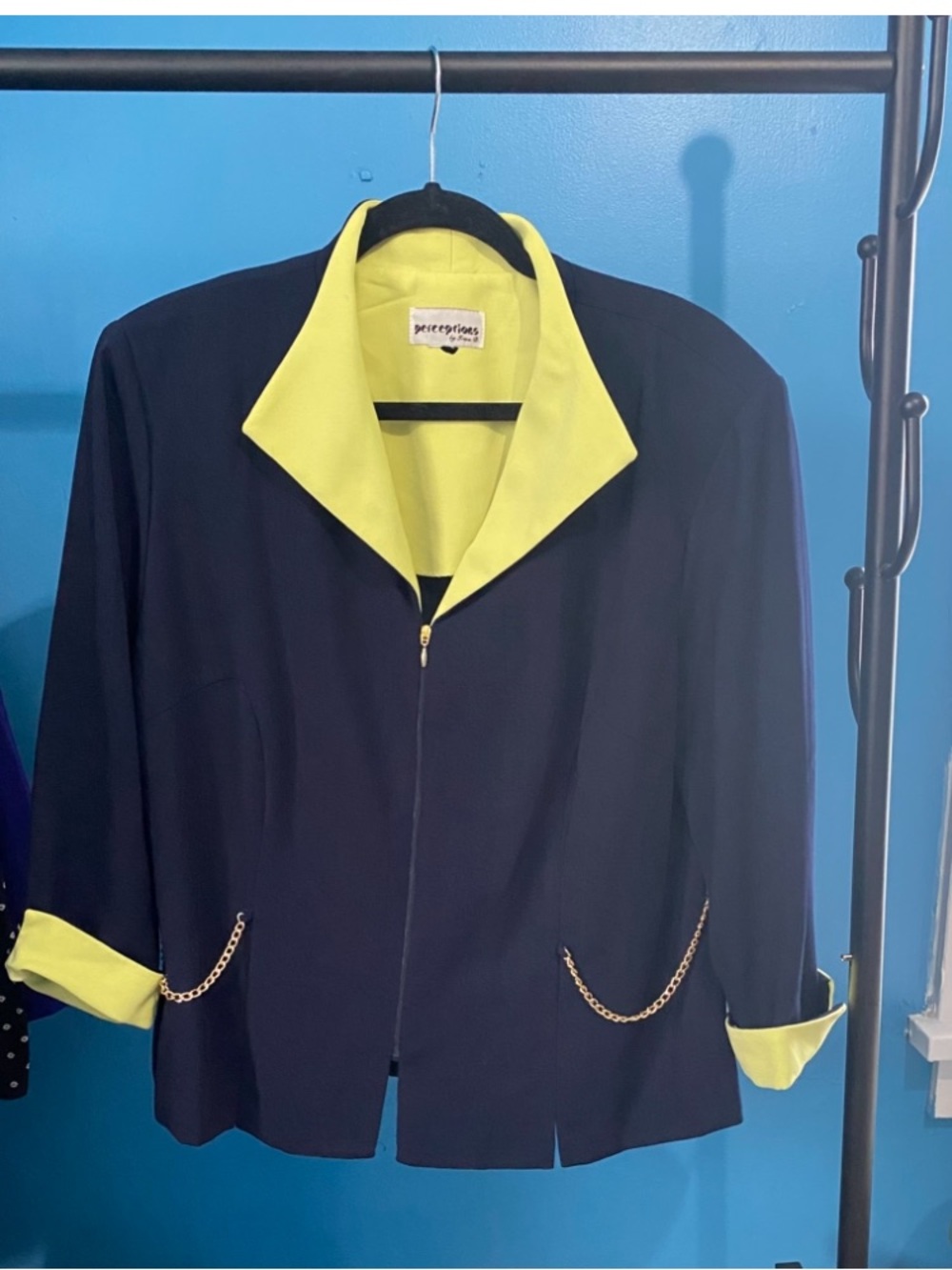 Perceptions Navy Jacket with Lime Trim and Gold Chain Accents